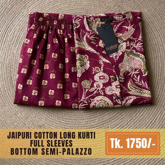 Jaipuri Cotton Long Kurti Co-ord Set - Maroon Floral Block Print