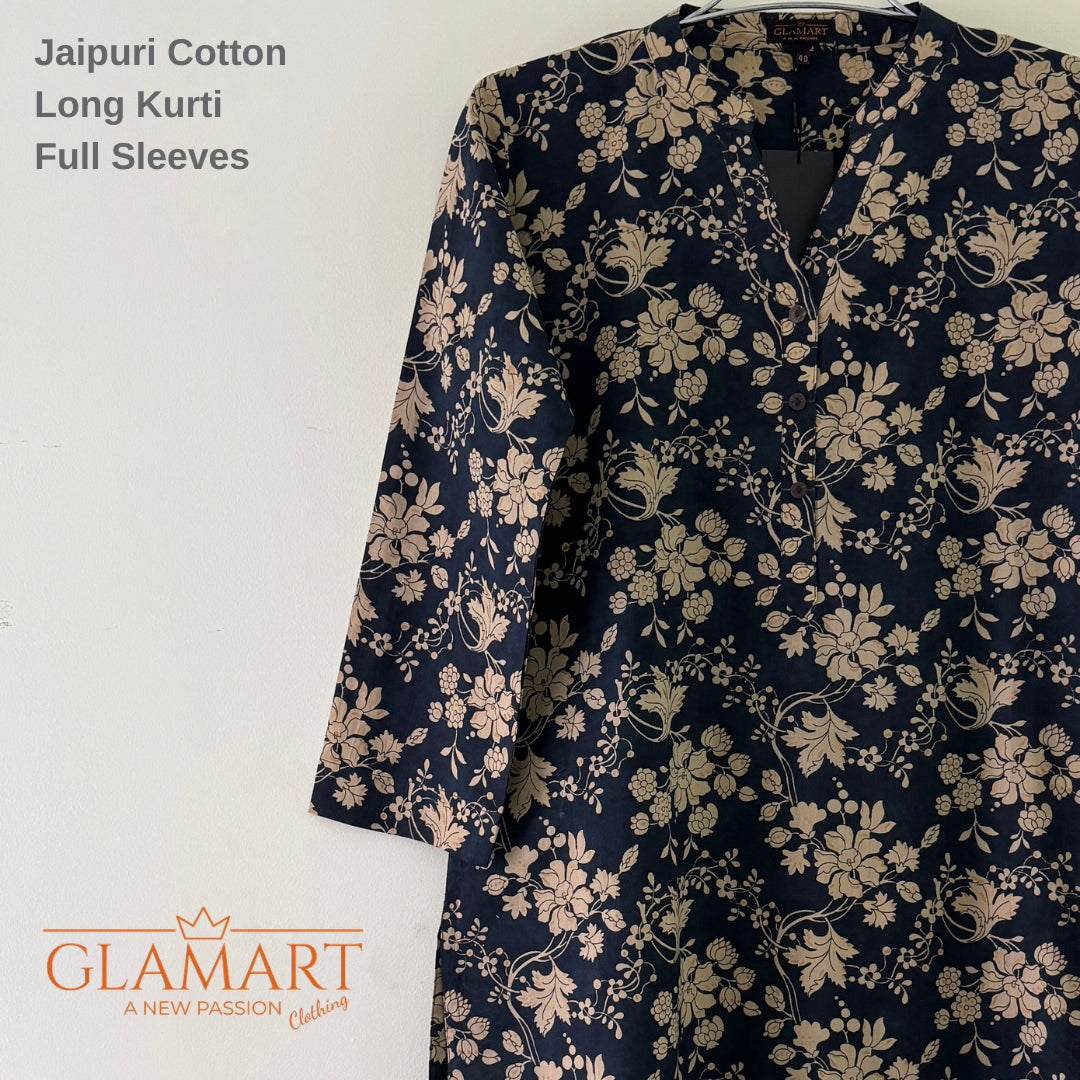 Jaipuri Cotton Long Kurti Co-ord Set - Navy Blue & Cream Floral Print