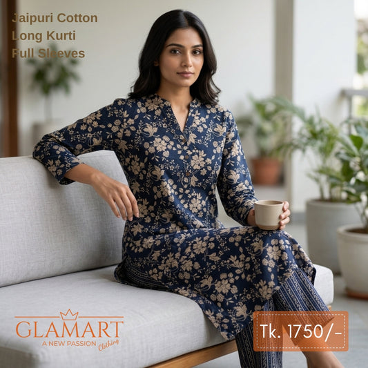 Jaipuri Cotton Long Kurti Co-ord Set - Navy Blue & Cream Floral Print