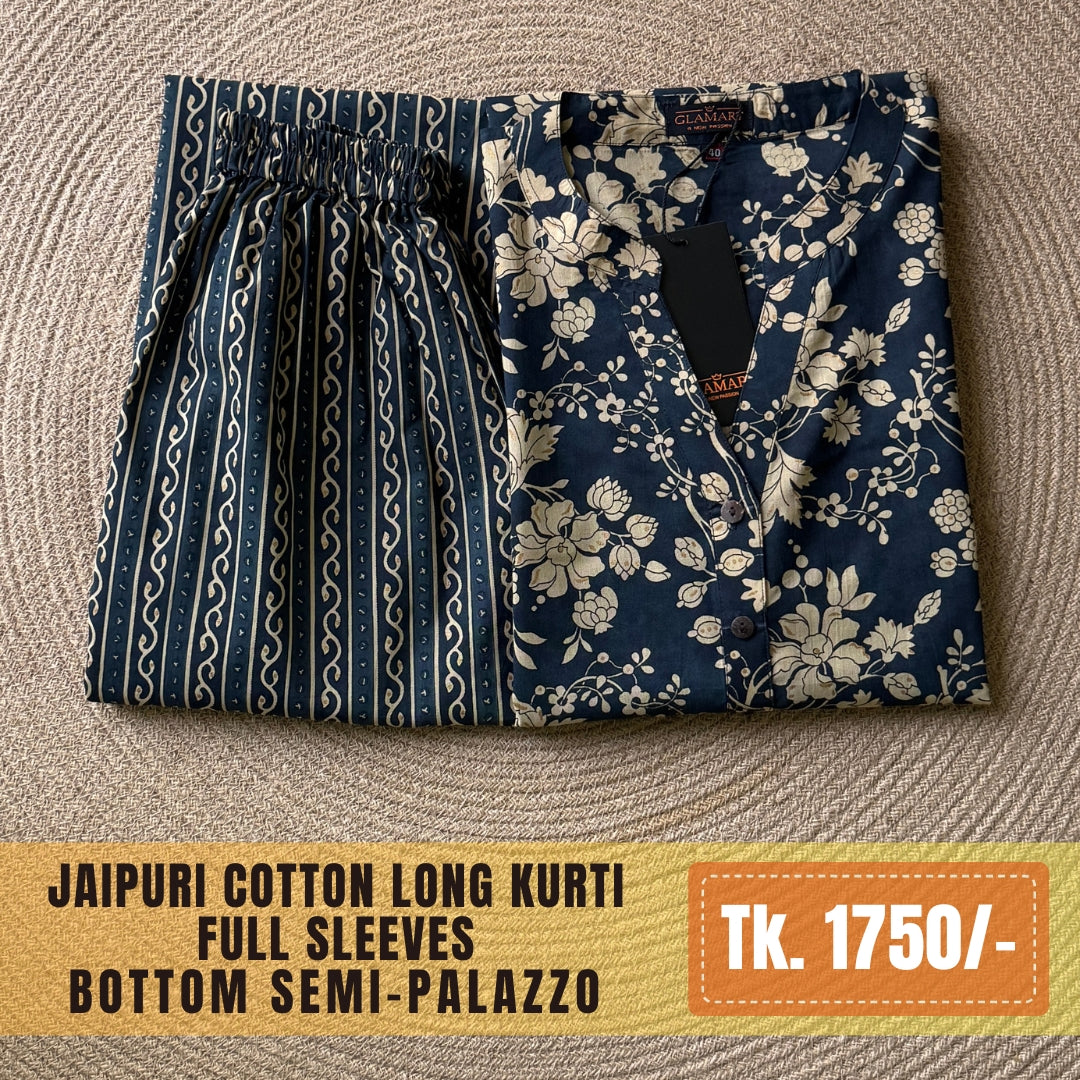 Jaipuri Cotton Long Kurti Co-ord Set - Navy Blue & Cream Floral Print