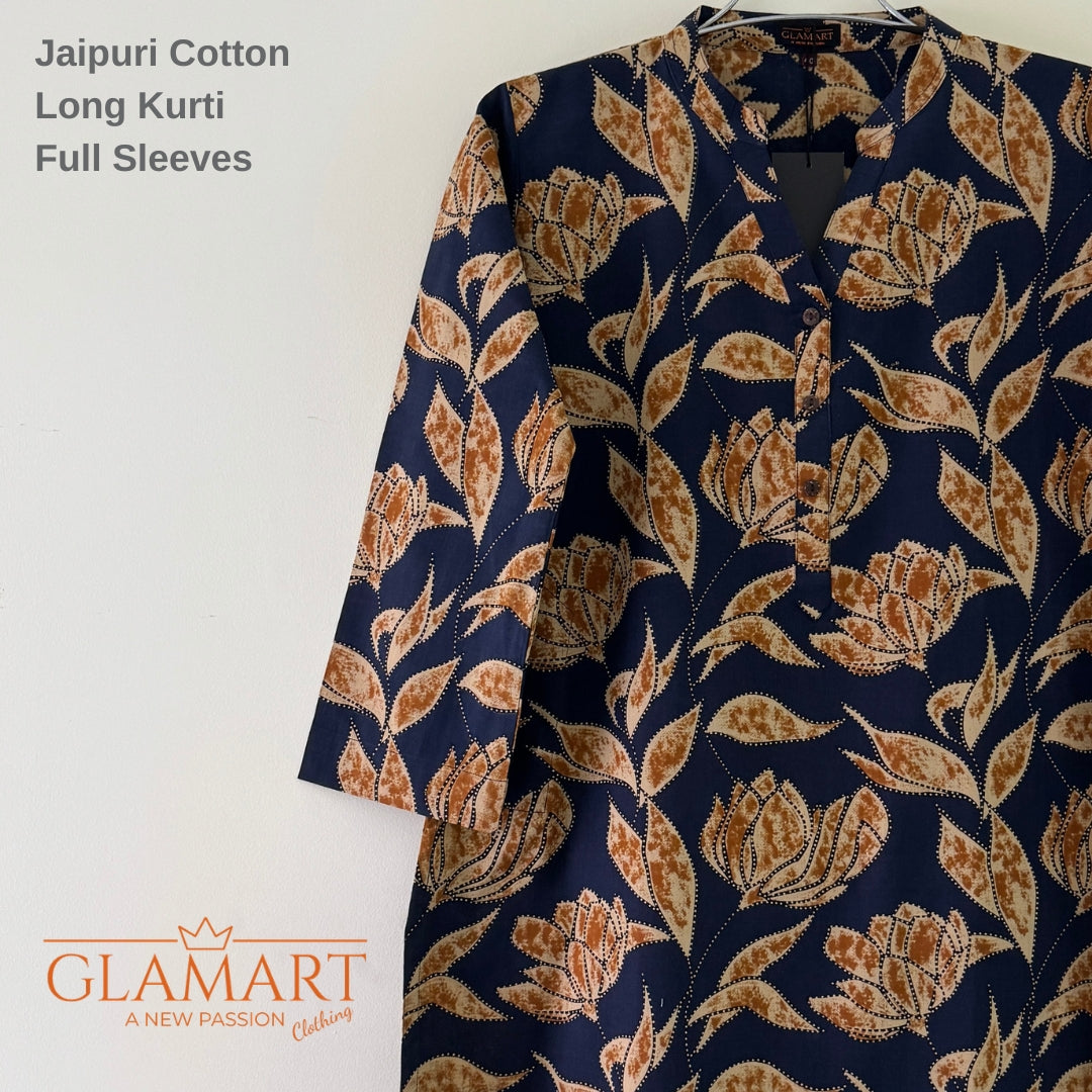 Jaipuri Cotton Long Kurti Co-ord Set - Navy Blue & Brown Leaf Print