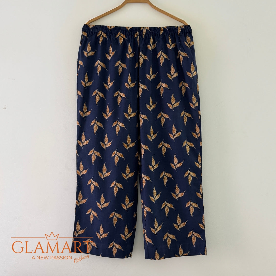 Jaipuri Cotton Long Kurti Co-ord Set - Navy Blue & Brown Leaf Print