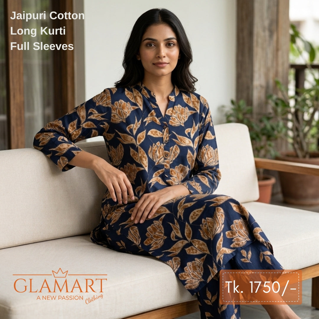 Jaipuri Cotton Long Kurti Co-ord Set - Navy Blue & Brown Leaf Print