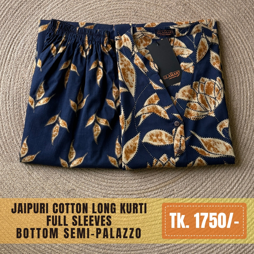 Jaipuri Cotton Long Kurti Co-ord Set - Navy Blue & Brown Leaf Print