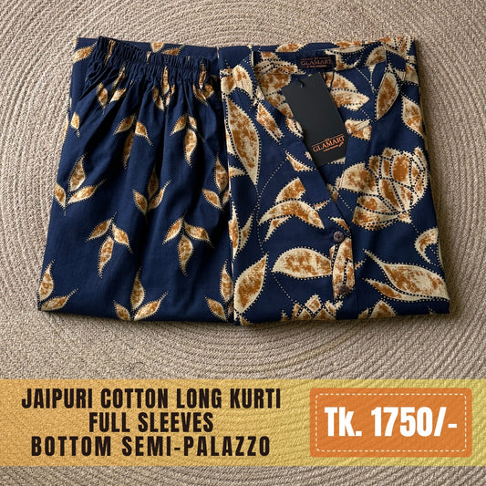 Jaipuri Cotton Long Kurti Co-ord Set - Navy Blue & Brown Leaf Print