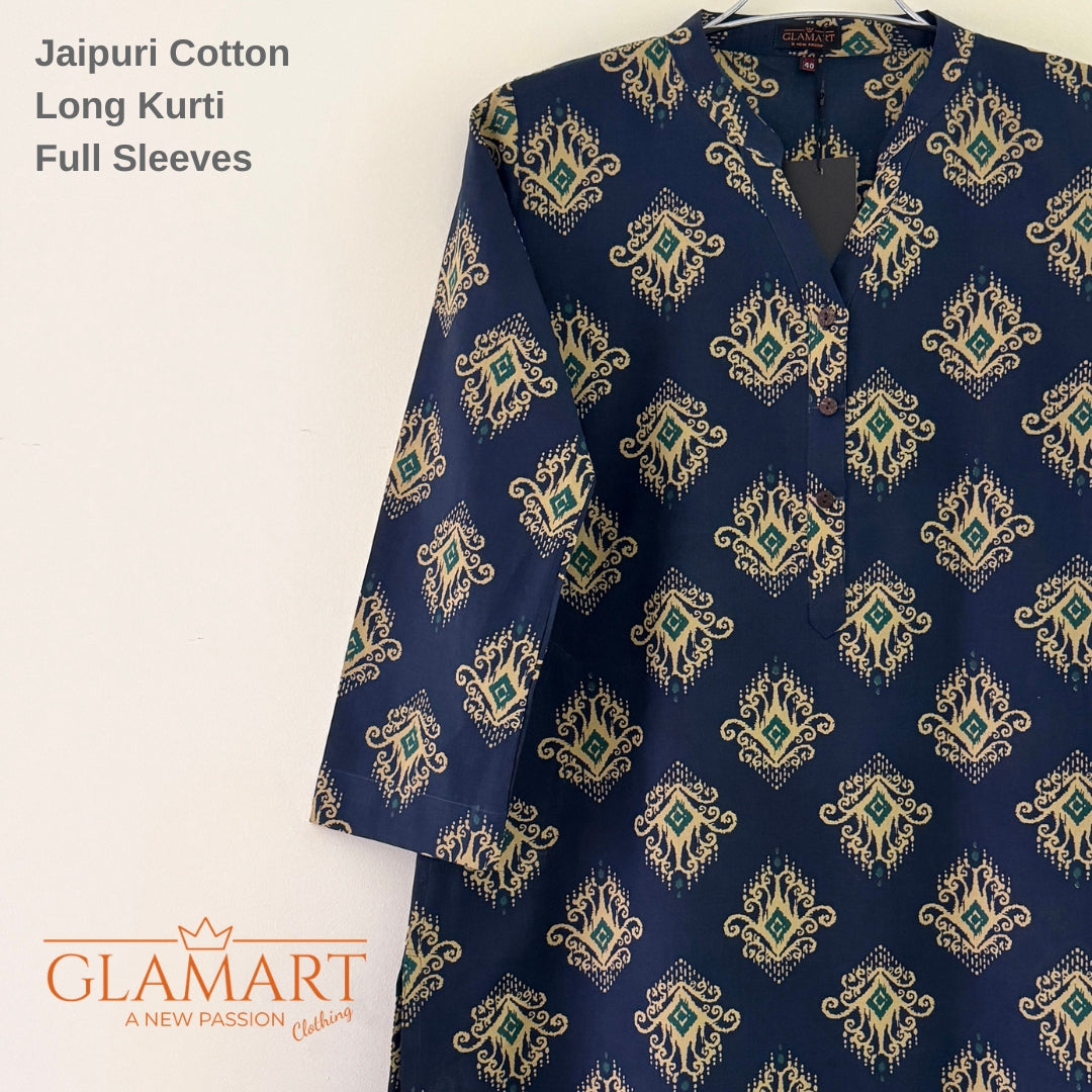 Jaipuri Cotton Long Kurti Co-ord Set - Navy Blue & Sea Green Ethnic Motif Print