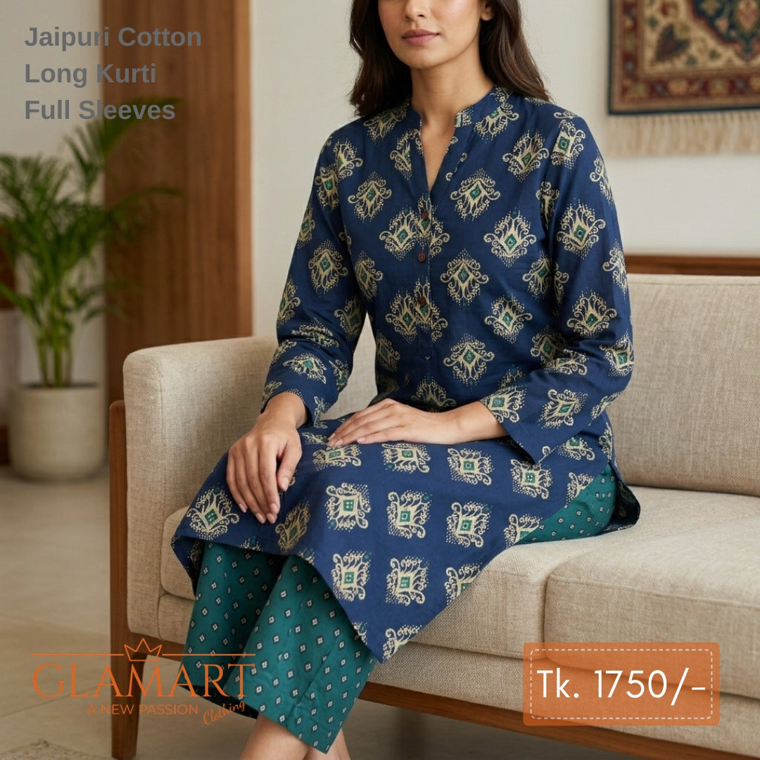 Jaipuri Cotton Long Kurti Co-ord Set - Navy Blue & Sea Green Ethnic Motif Print