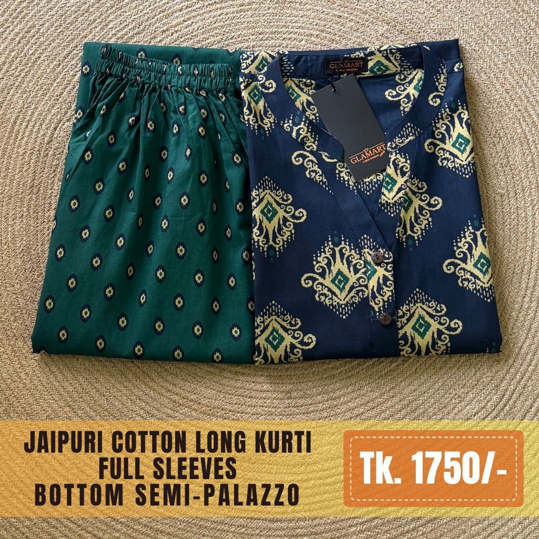 Jaipuri Cotton Long Kurti Co-ord Set - Navy Blue & Sea Green Ethnic Motif Print