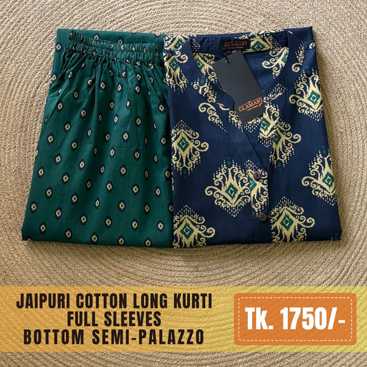 Jaipuri Cotton Long Kurti Co-ord Set - Navy Blue & Sea Green Ethnic Motif Print