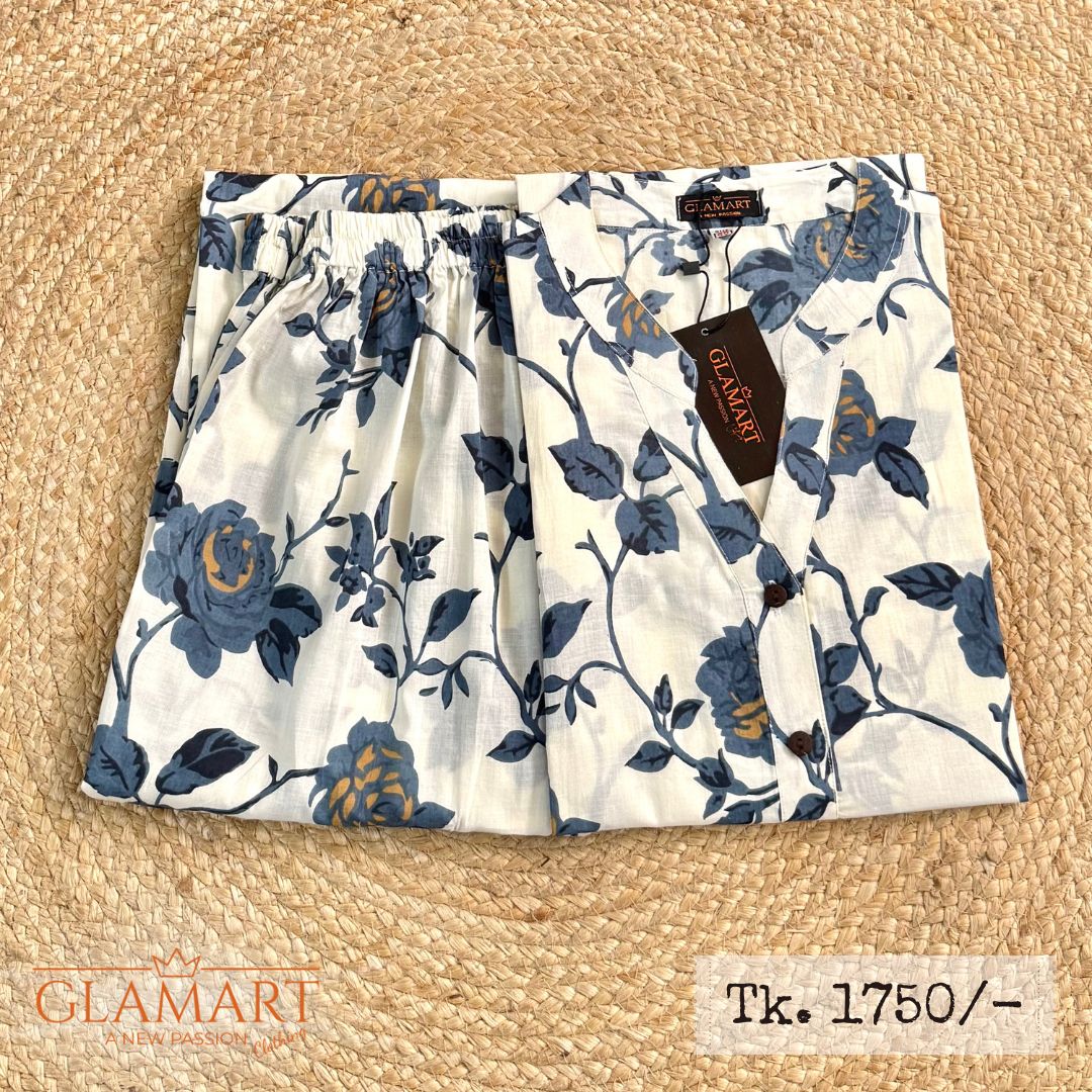 Jaipuri Cotton Long Kurti Co-ord Set – White Indigo Rose Vine Print