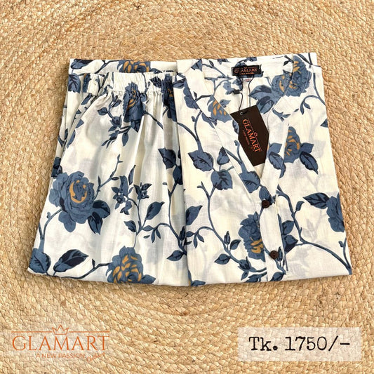 Jaipuri Cotton Long Kurti Co-ord Set – White Indigo Rose Vine Print