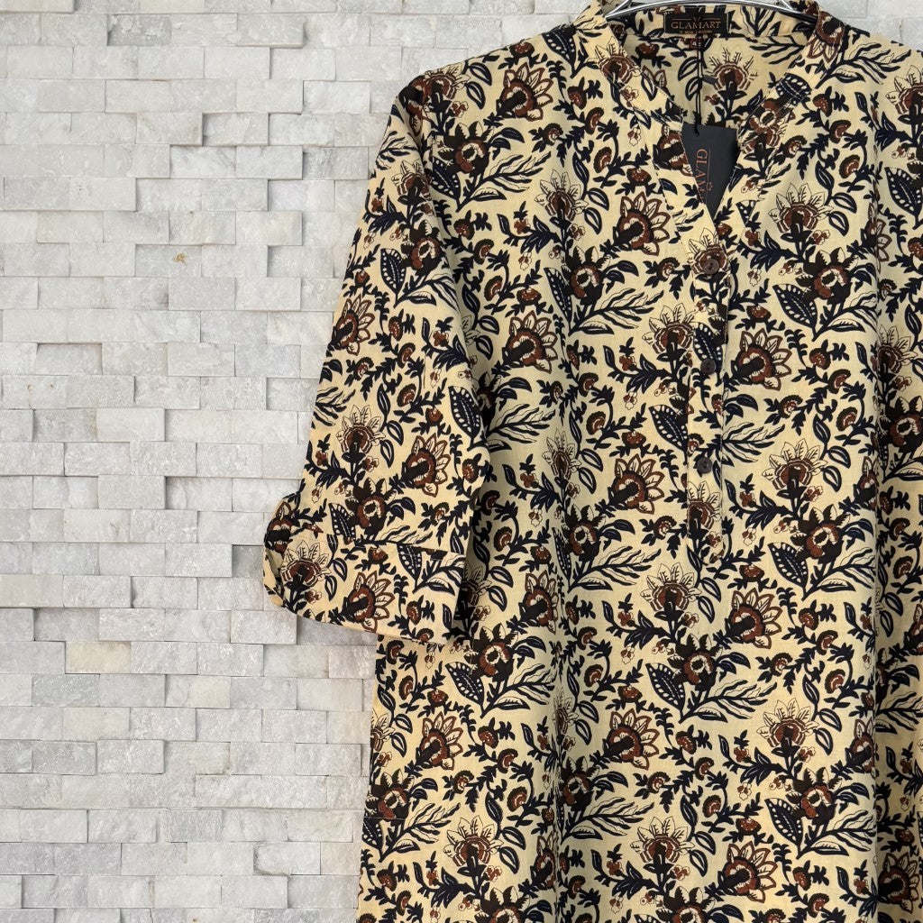 Jaipuri Cotton Long Kurti 3/4 Sleeves – Cream & Navy Floral Print