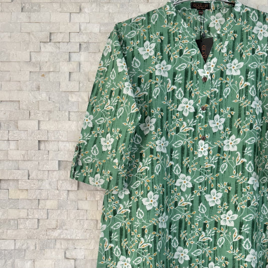 Jaipuri Cotton Long Kurti 3/4 Sleeves – Sage Green White Floral Print