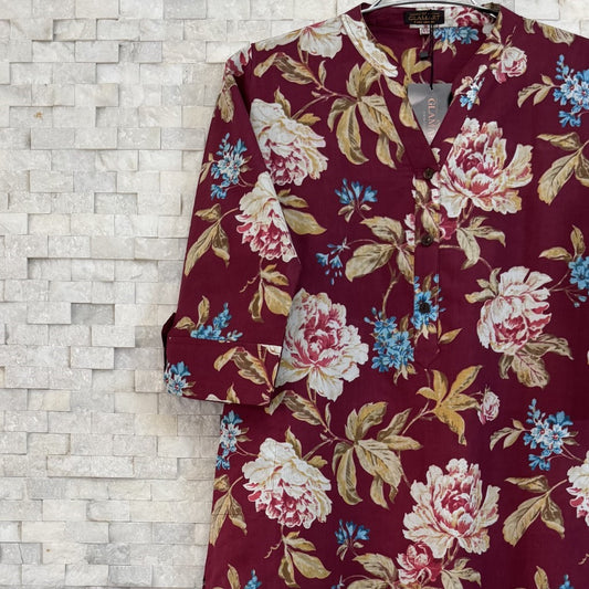 Jaipuri Cotton Long Kurti 3/4 Sleeves – Maroon & Cream Large Floral Print