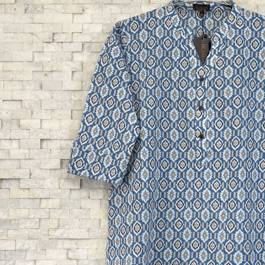 Jaipuri Cotton Long Kurti 3/4 Sleeves – Blue & White Geometric Ikat Print