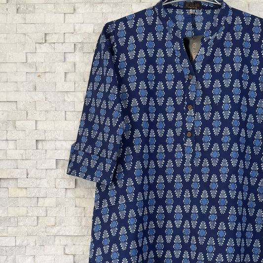 Jaipuri Cotton Long Kurti 3/4 Sleeves – Navy Blue Indigo Ethnic Motif Print