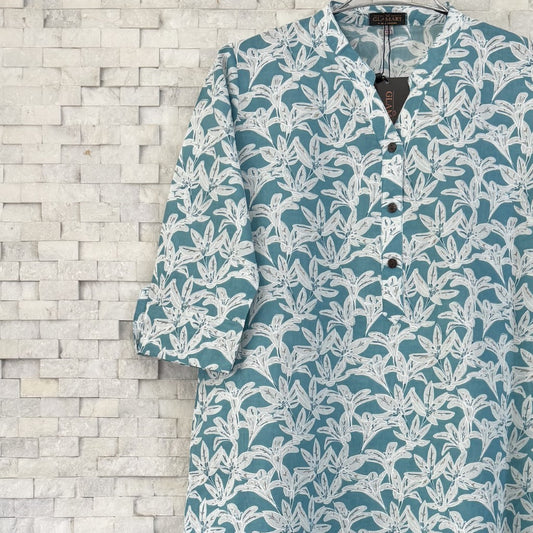 Jaipuri Cotton Long Kurti 3/4 Sleeves – Teal Blue & White Lily Floral Print