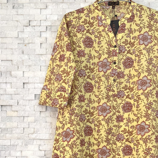 Jaipuri Cotton Long Kurti 3/4 Sleeves – Light Yellow & Rust Floral Print