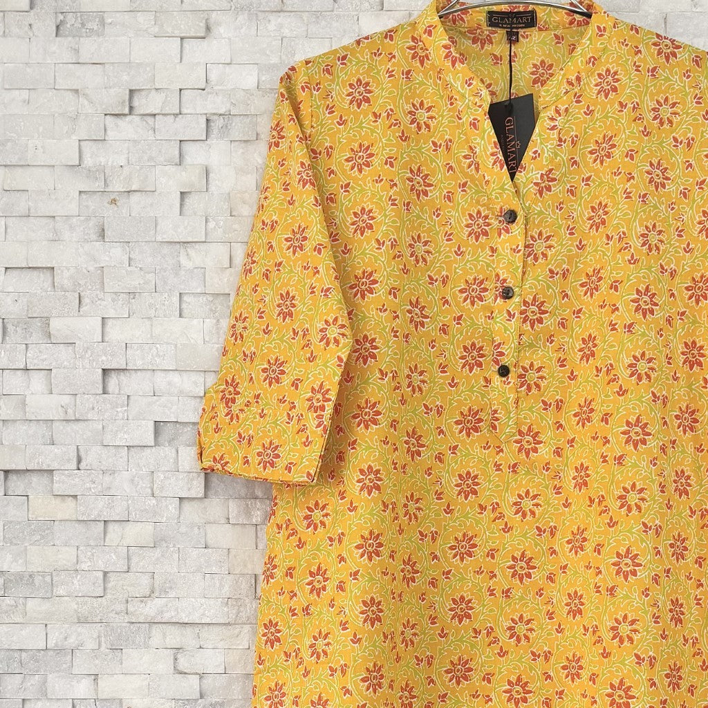 Jaipuri Cotton Long Kurti 3/4 Sleeves – Yellow & Orange Floral Print