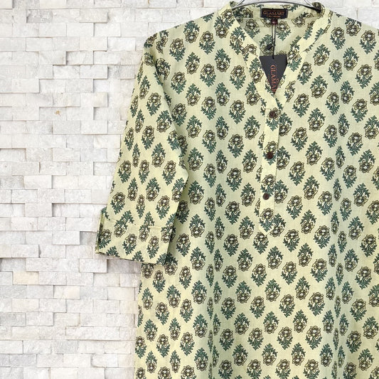 Jaipuri Cotton Long Kurti 3/4 Sleeves – Lime Green Small Floral Buti Print