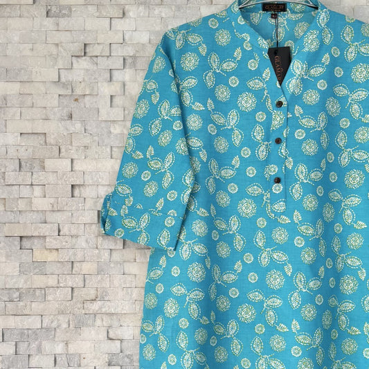 Jaipuri Cotton Long Kurti  3/4 Sleeves – Cyan Blue Leafy Floral Print