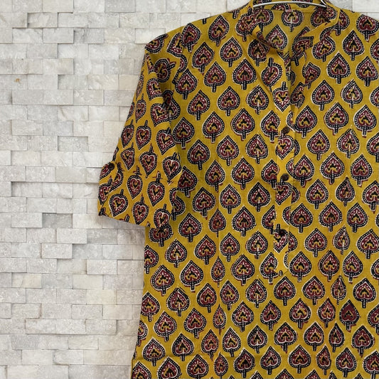 Jaipuri Cotton Long Kurti  3/4 Sleeves – Mustard Yellow Kalamkari Print