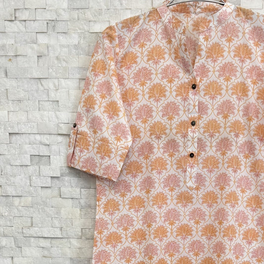 Jaipuri Cotton Long Kurti  3/4 Sleeves – White & Peach Floral Print