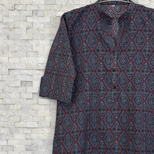 Jaipuri Cotton Long Kurti  3/4 Sleeves – Slate Grey Medallion Print