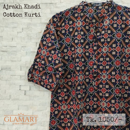 Ajrakh Khadi Cotton Long Kurti  3/4 Sleeves – Indigo Blue Ajrakh Print