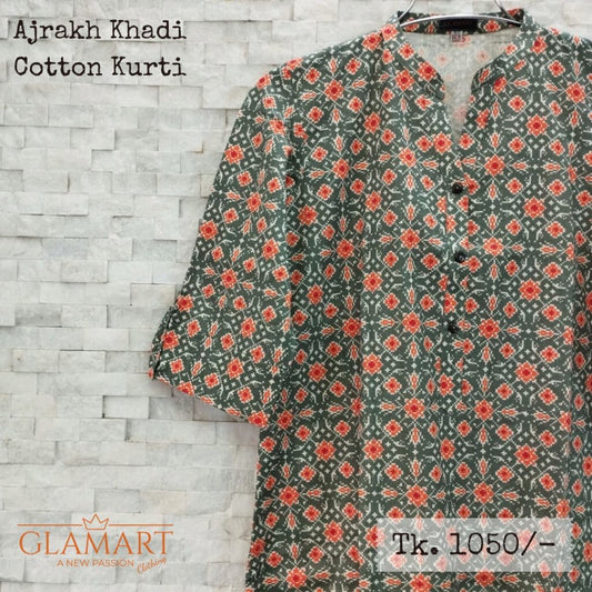Ajrakh Khadi Cotton Long Kurti  3/4 Sleeves – Sage Green & Orange Ajrakh Print