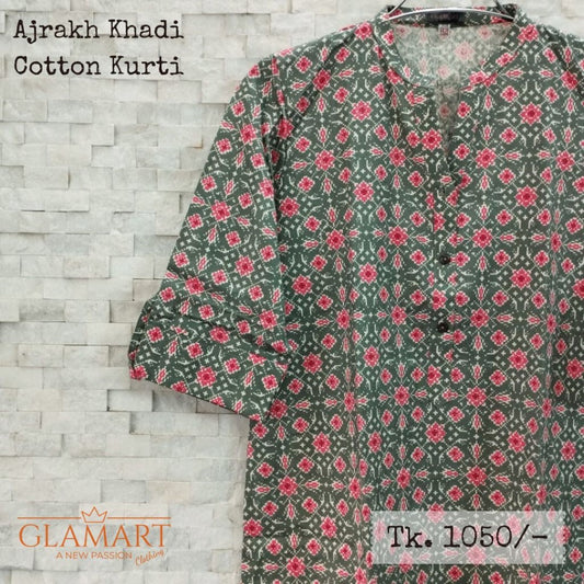 Ajrakh Khadi Cotton Long Kurti  3/4 Sleeves – Sage Green & Pink Ajrakh Print