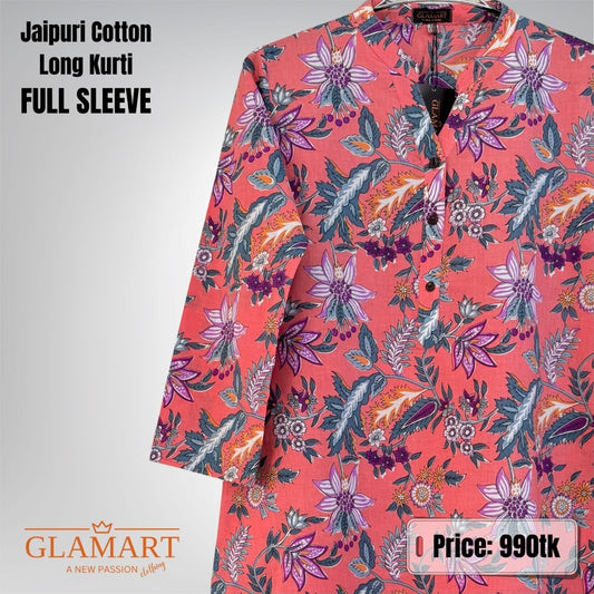 Jaipuri Cotton Long Kurti  Full Sleeves – Coral Pink Floral Print