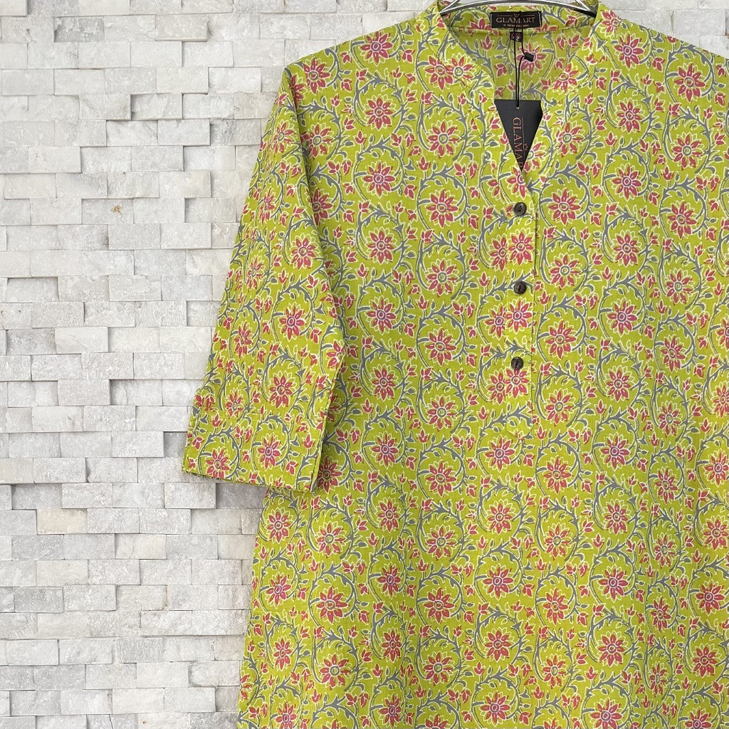 Jaipuri Cotton Long Kurti  3/4 Sleeves – Lime Green Floral Print
