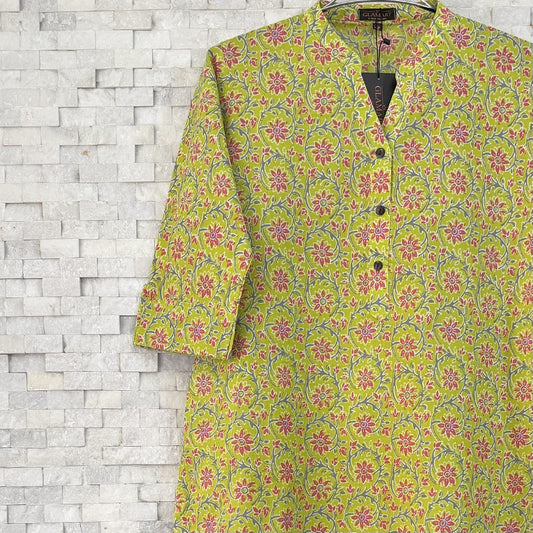 Jaipuri Cotton Long Kurti  3/4 Sleeves – Lime Green Floral Print