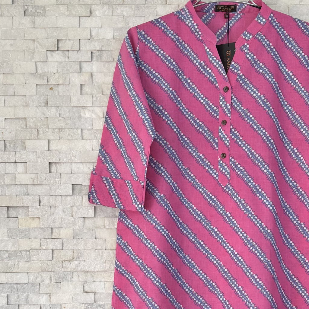 Jaipuri Cotton Long Kurti  3/4 Sleeves – Pink Diagonal Stripe Print