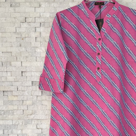 Jaipuri Cotton Long Kurti  3/4 Sleeves – Pink Diagonal Stripe Print