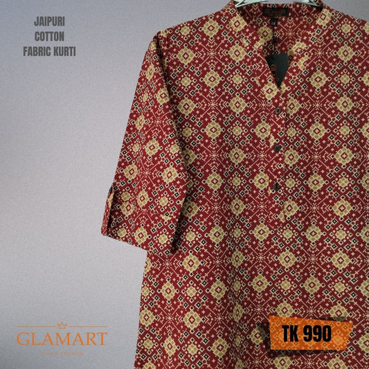 Jaipuri Cotton Long Kurti  3/4 Sleeves – Maroon Geometric Ajrakh Print
