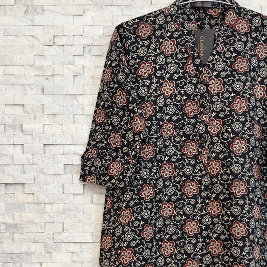 Jaipuri Cotton Long Kurti 3/4 Sleeves – Black & Maroon Floral Print