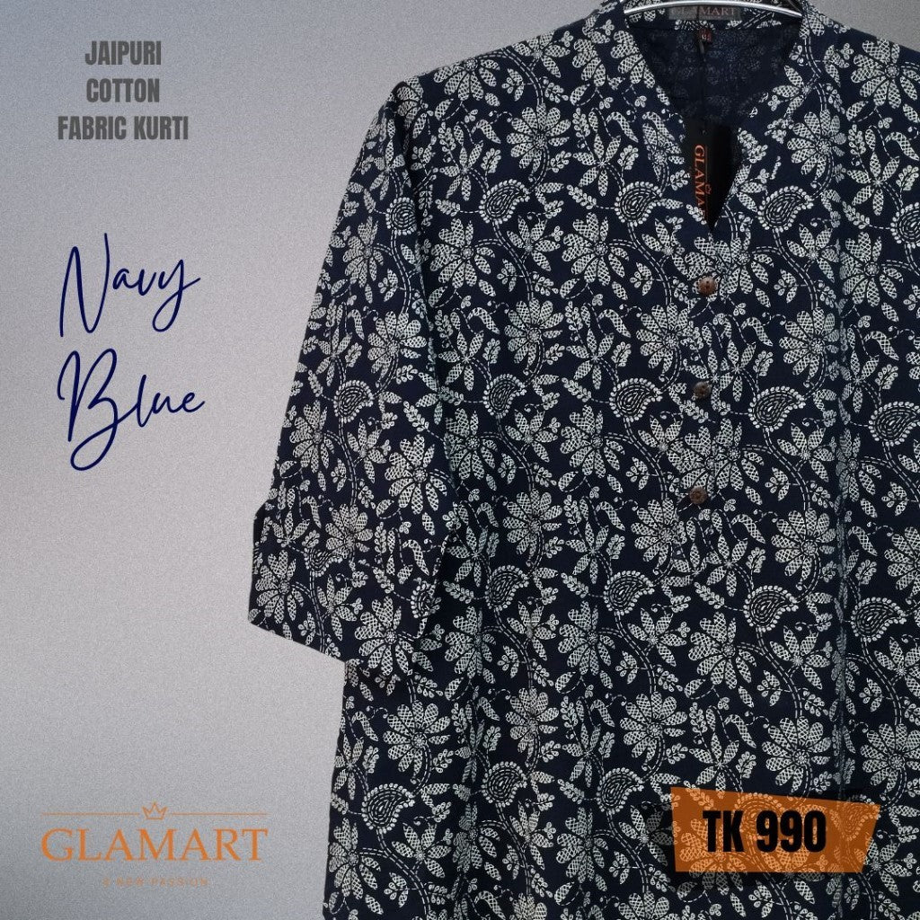 Jaipuri Cotton Long Kurti 3/4 Sleeves – Navy Blue & White Leafy Floral Print