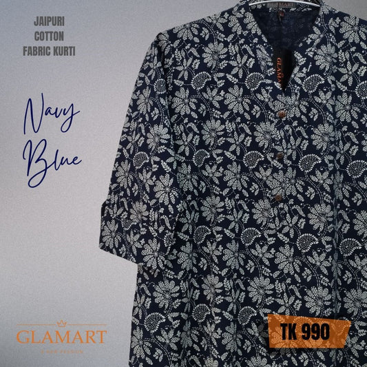 Jaipuri Cotton Long Kurti 3/4 Sleeves – Navy Blue & White Leafy Floral Print