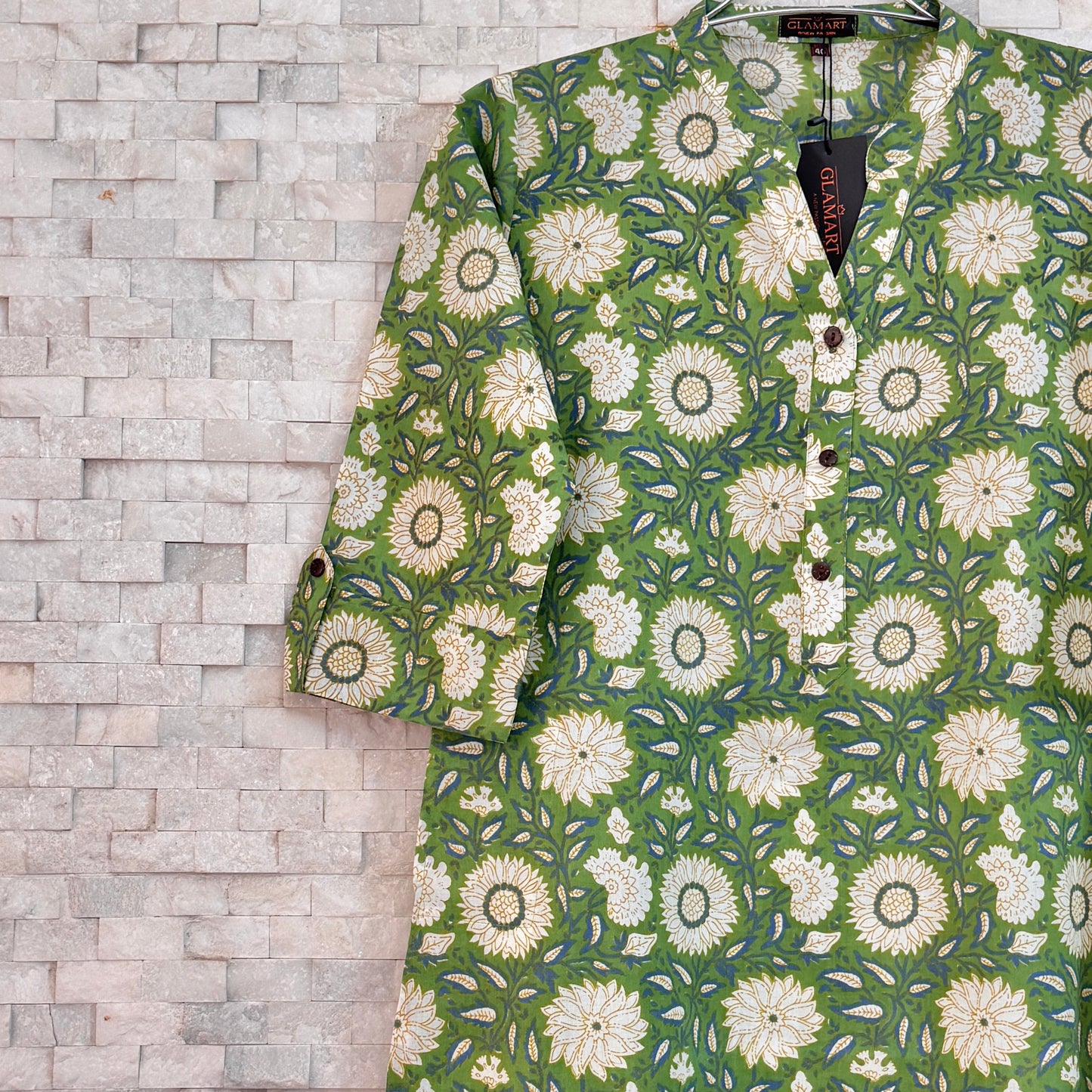 Jaipuri Cotton Long Kurti 3/4 Sleeves – Green with Sunflower Print