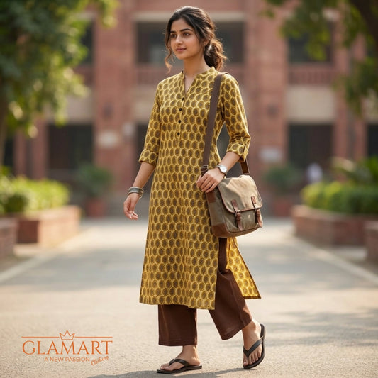 Jaipuri Cotton Long Kurti 3/4 Sleeves – Yellow & Mustard Earthy Paisley Print