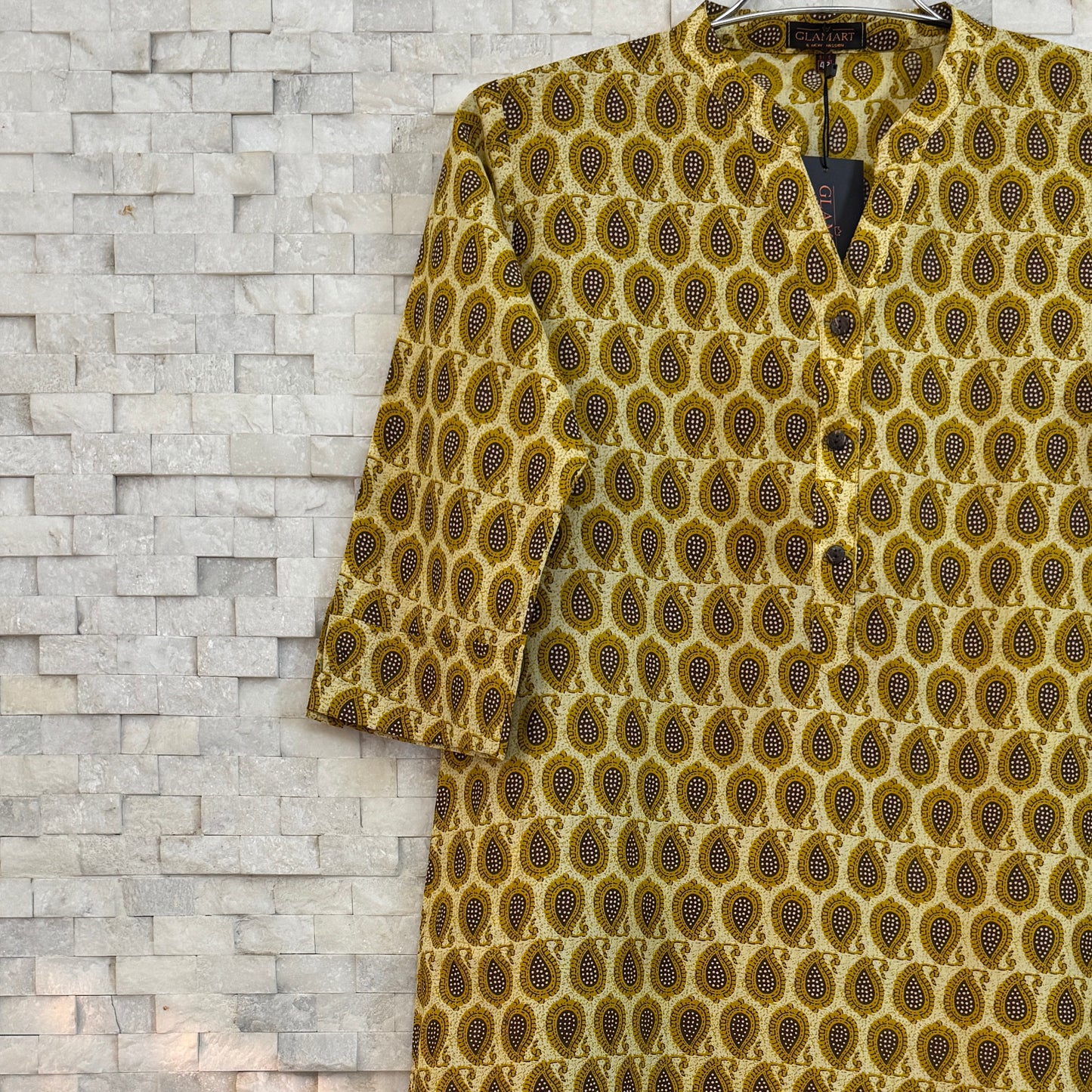 Jaipuri Cotton Long Kurti 3/4 Sleeves – Yellow & Mustard Earthy Paisley Print