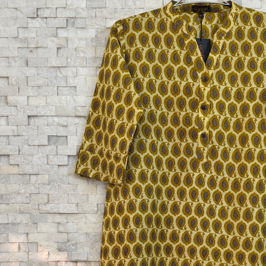 Jaipuri Cotton Long Kurti 3/4 Sleeves – Yellow & Mustard Earthy Paisley Print