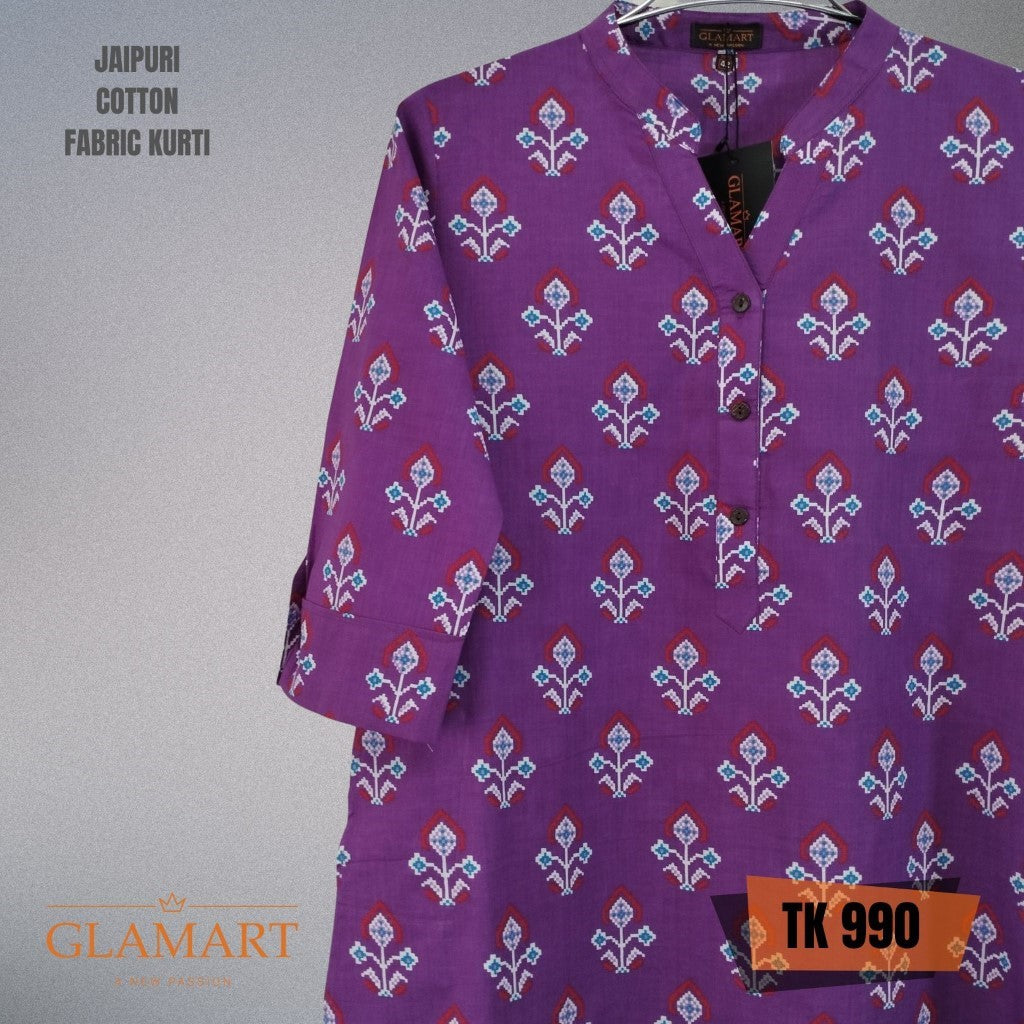Jaipuri Cotton Long Kurti 3/4 Sleeves – Purple & Blue Abstract Ikat Print
