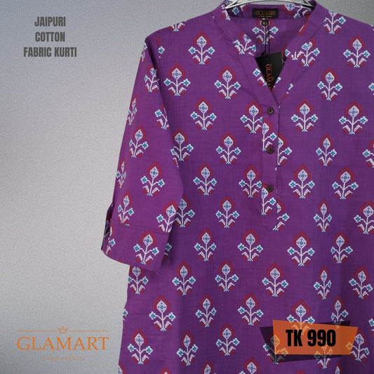 Jaipuri Cotton Long Kurti 3/4 Sleeves – Purple & Blue Abstract Ikat Print