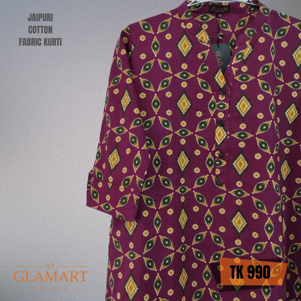 Jaipuri Cotton Long Kurti 3/4 Sleeves – Jazzberry & Gold Geometric Ikat Print