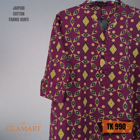 Jaipuri Cotton Long Kurti 3/4 Sleeves – Jazzberry & Gold Geometric Ikat Print
