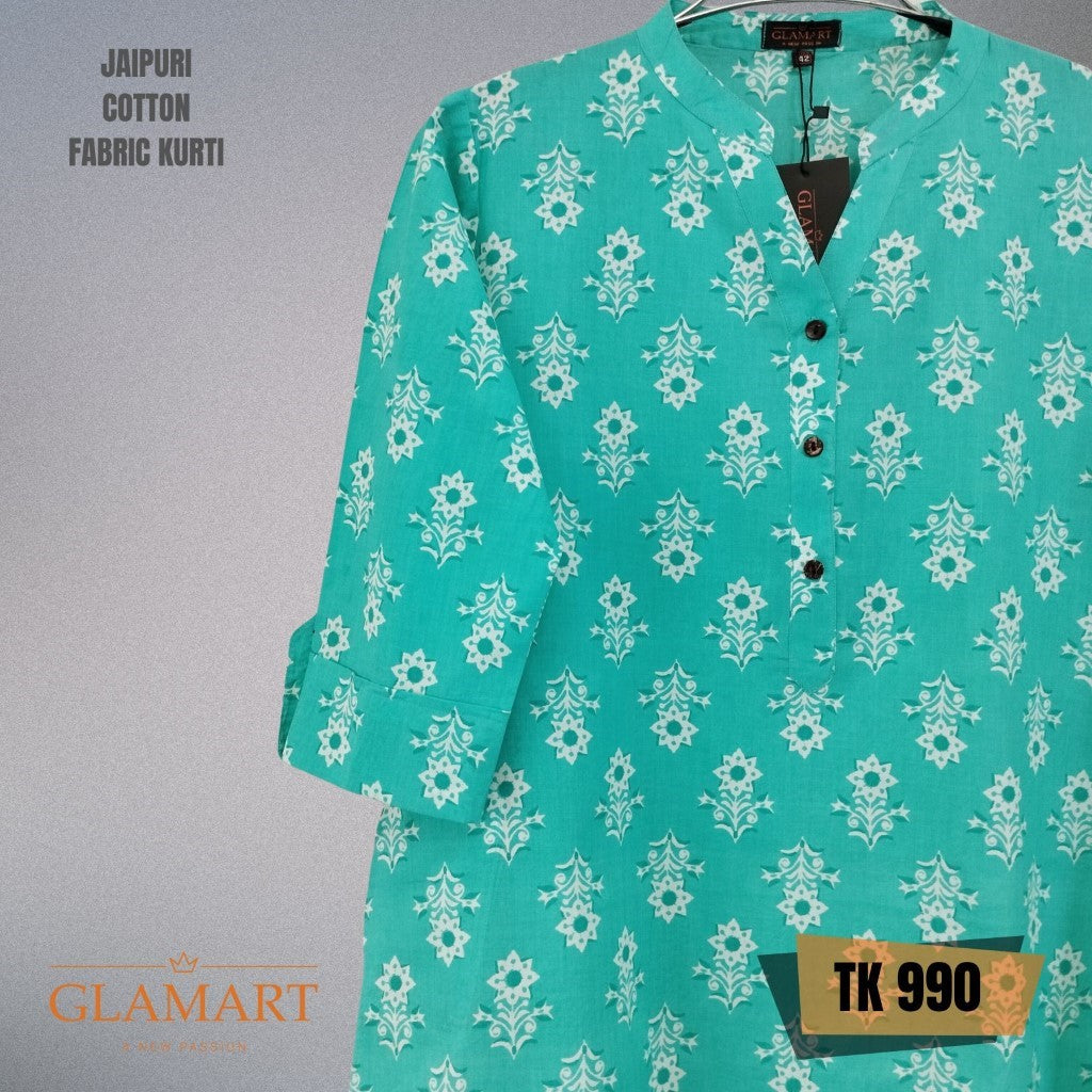 Jaipuri Cotton Long Kurti – Turquoise & White Floral Buta Print