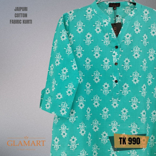 Jaipuri Cotton Long Kurti – Turquoise & White Floral Buta Print